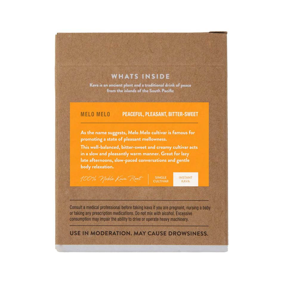 Melo Melo Instant Green Kava box, back with description and preparation instructions