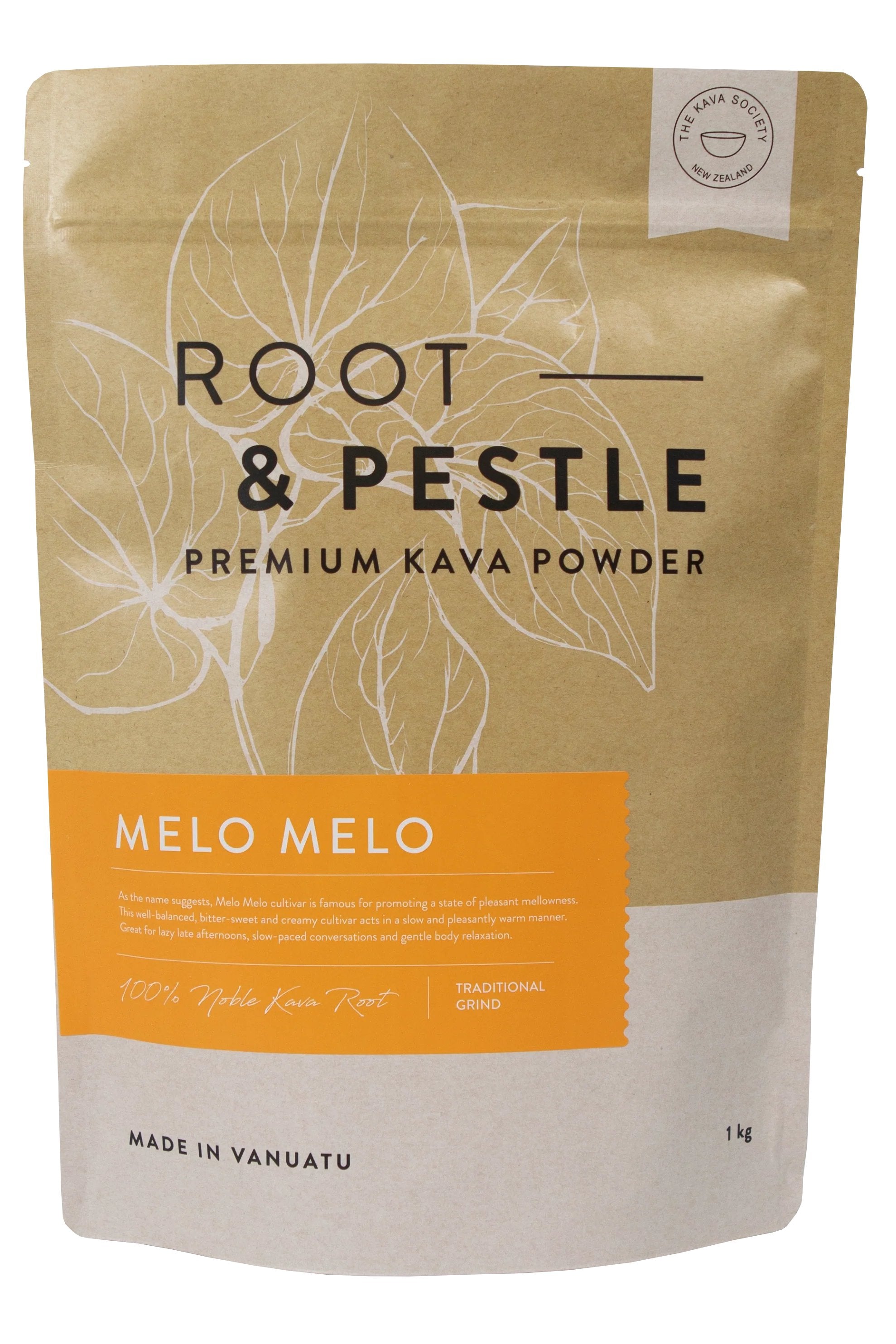 Melo Melo Traditional Kava pouch, Root & Pestle premium kava powder, front