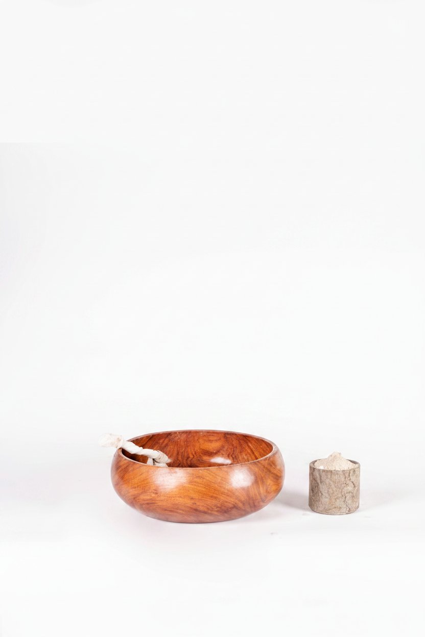Wooden kava bowl with strainer cloth beside a small bark cup of ground kava powder
