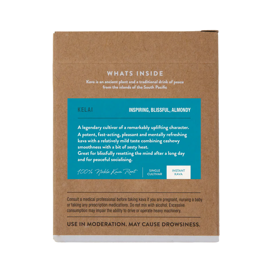 Kelai Instant Green Kava box, back with description and preparation instructions